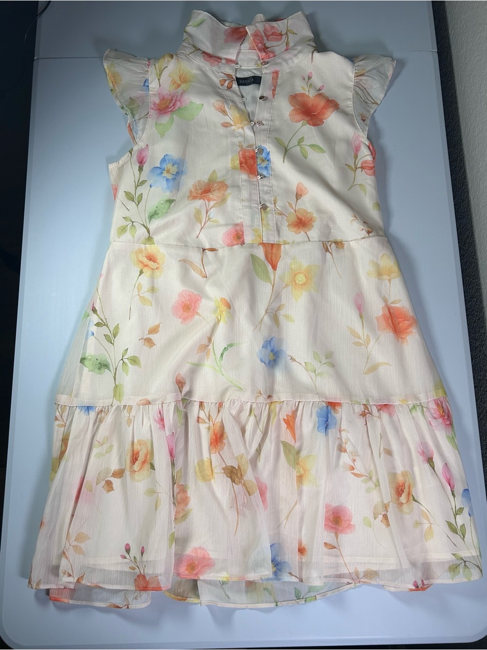 Women’s Floral Tiered Sleeveless Dress - Cream with Pastel Flowers